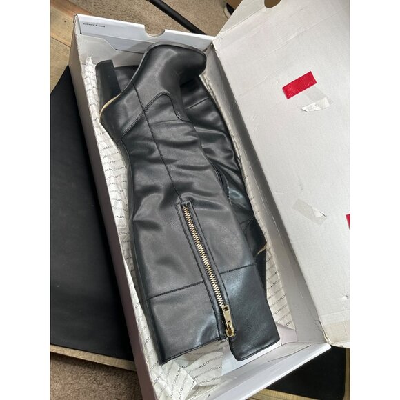 Aldo Black Faux Leather Knee-High Boots Size 8 With Chunky Heel & Side Zipper - Picture 2 of 11